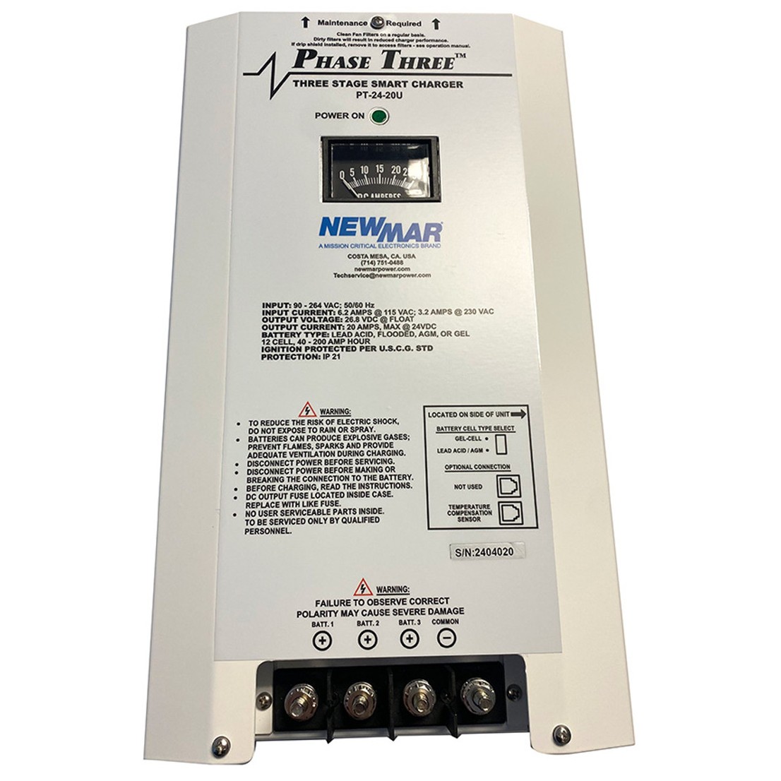 Newmar PT-24-20U Phase Three PT Series Battery Charger 24V/20A